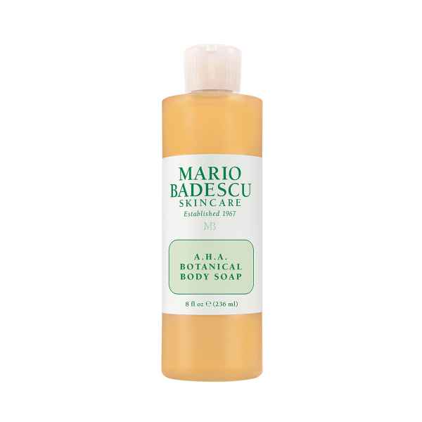 Flasche Mario Badescu A.H.A. Botanical Body Soap, 236 ml, auf weißem Hintergrund.