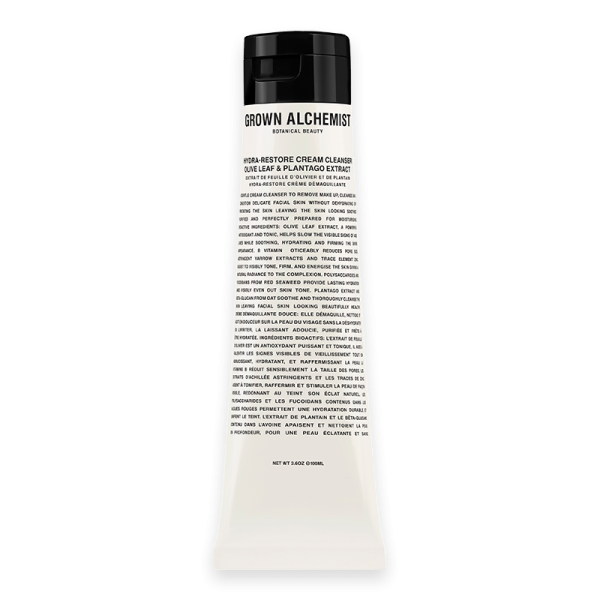 Grown Alchemist Hydra-Restore Cream Cleanser 100 ml, Tube mit schwarzem Deckel und Text auf der Vorderseite.