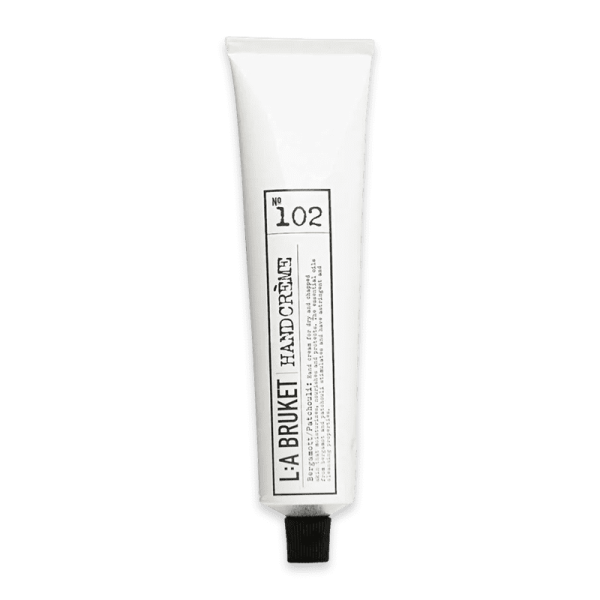 L:A Bruket No. 102 Bergamot Patchouli Handcreme, 70 ml, weiße Tube mit schwarzem Deckel.