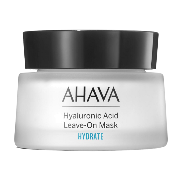 AHAVA Hyaluronic Acid Leave-On Maske in einem weißen Behälter mit schwarzem Deckel.