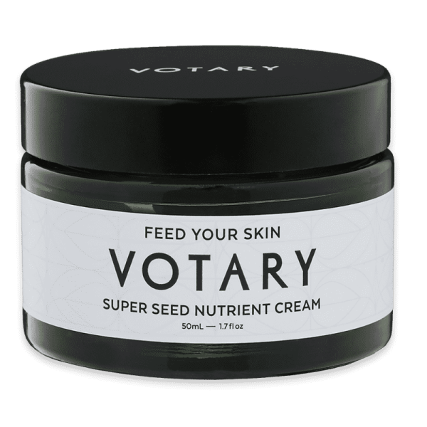 VOTARY Super Seed Nutrient Cream, 50ml, schwarze Dose mit weißem Etikett, Text 'Feed Your Skin'.