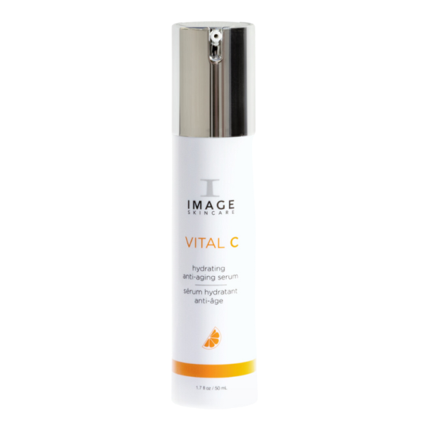 IMAGE Skincare Vital C Hydrating Anti-Aging Serum, 50 ml, weißer Flakon mit silbernem Deckel und orangefarbenem Akzent.