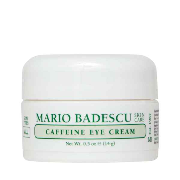Weiße Dose Mario Badescu Caffeine Eye Cream, 14g, mit grünem Text auf der Vorderseite.