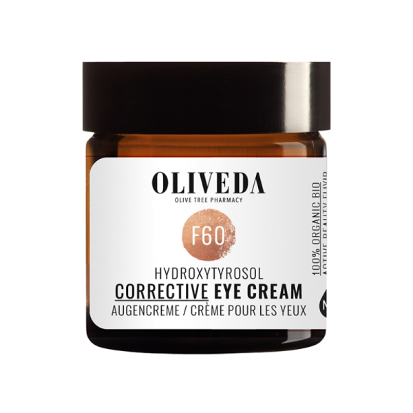 OLIVEDA F60 Corrective Eye Cream Hydroxytyrosol, braunes Glasgefäß mit weißem Etikett, 100% organisch, Augencreme für die Augen.