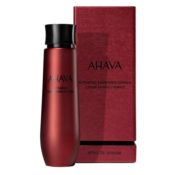 AHAVA Activating Smoothing Essence in roter Flasche vor roter Verpackung.