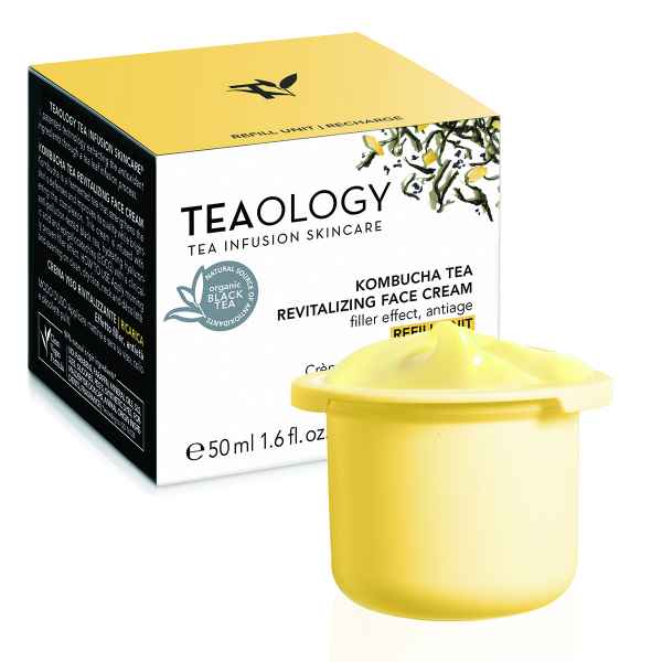 TEAOLOGY Kombucha Tea Revitalizing Face Cream Refill, 50ml, gelbe Nachfüllpackung vor Produktverpackung.