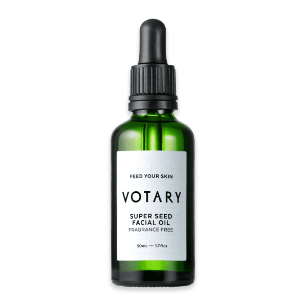Grüne Flasche Votary Super Seed Facial Oil, 50ml, parfümfrei, mit Pipette.
