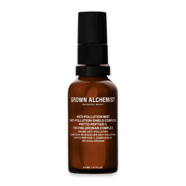 Grown Alchemist Anti-Pollution Mist Flasche, 30ml, braun mit schwarzem Sprühkopf.