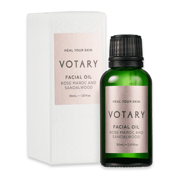 VOTARY Gesichtsöl Rose Maroc und Sandelholz, 30ml Flasche und Verpackung.