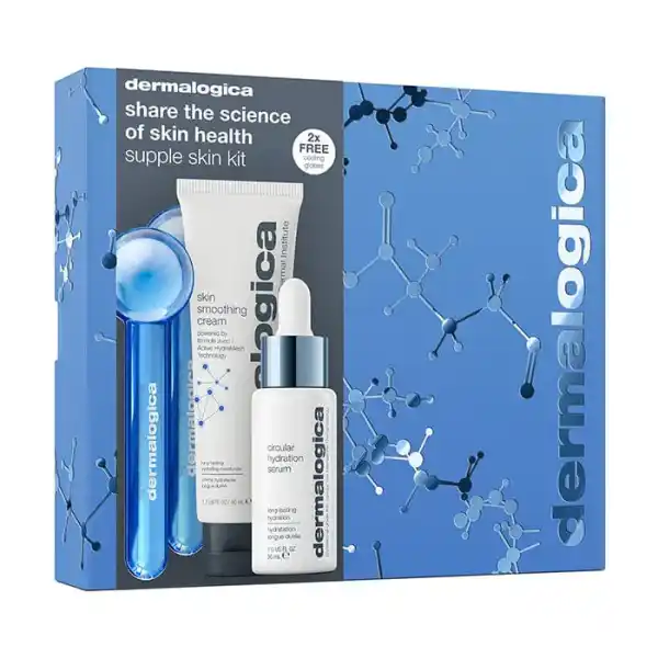 Dermalogica Supple Skin Kit mit Hautglättungscreme, Hydrationsserum und Gesichtsroller in blauer Verpackung.