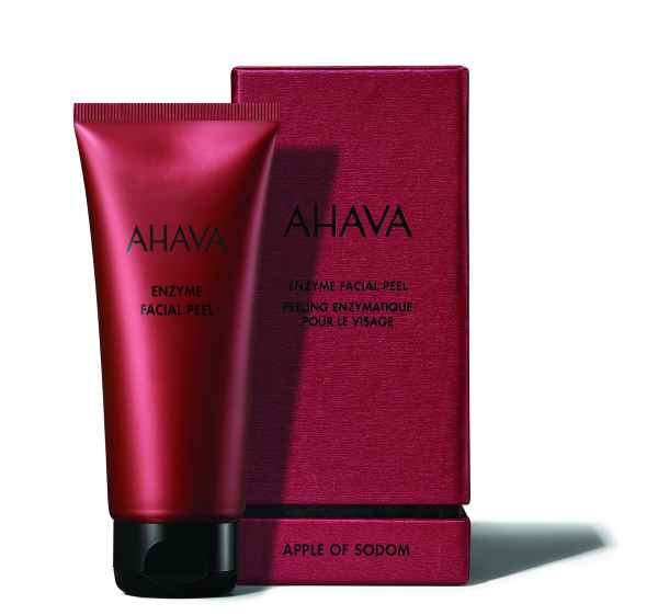 AHAVA Enzyme Facial Peel in roter Tube vor passender Verpackung, Produktname und Beschreibung auf Englisch und Französisch.