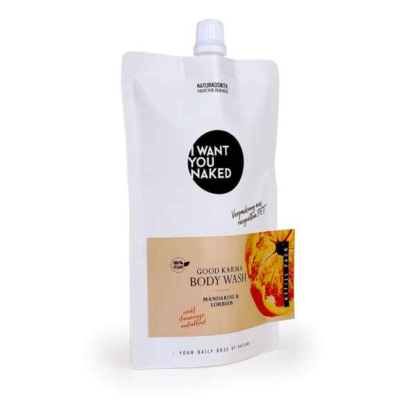 Verpackung von 'Good Karma Body Wash' mit Mandarine und Lorbeer, Marke 'I Want You Naked'.