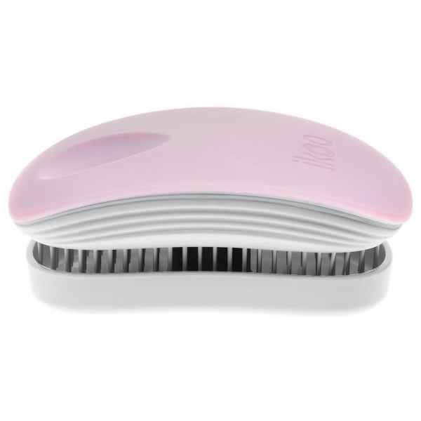 Rosa und weiße Haarbürste mit grauen Borsten auf weißem Hintergrund.