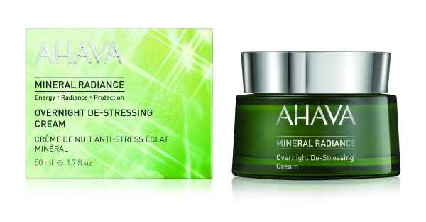 AHAVA Mineral Radiance Overnight De-Stressing Cream, 50 ml, grüne Verpackung und Tiegel, auf weißem Hintergrund.