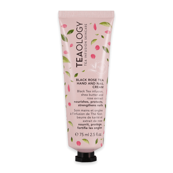 TEAOLOGY Black Rose Tea Hand and Nail Cream, 75 ml Tube, rosa Verpackung mit Blütenmuster.