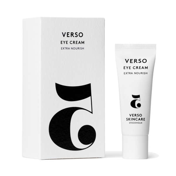 Verso Skincare Eye Cream Extra Nourish, weiße Tube und Verpackung mit schwarzem Logo und Text.