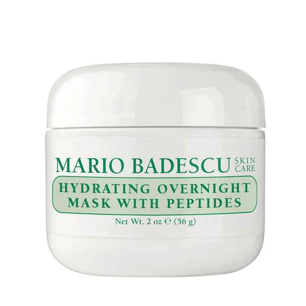 Ein weißer Tiegel mit der Aufschrift "Mario Badescu Hydrating Overnight Mask with Peptides".