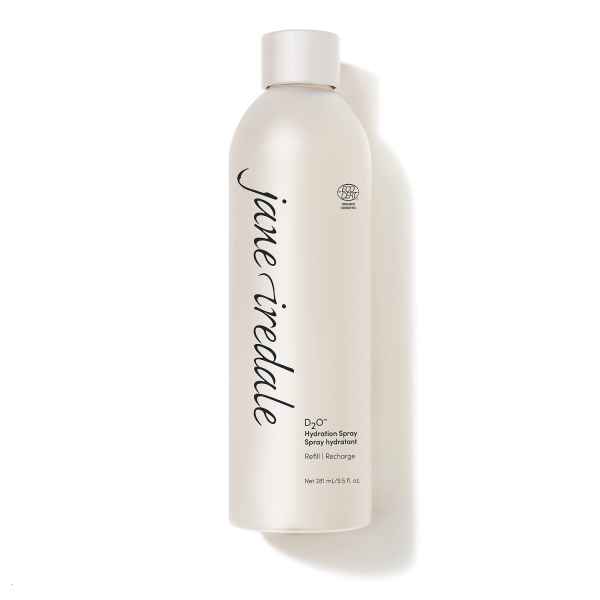 Jane Iredale D2O Hydration Spray Refill, 281 ml, weißer Zylinderflasche mit schwarzem Text auf weißem Hintergrund.
