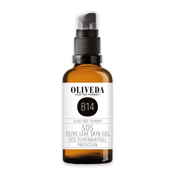 Braunes Fläschchen mit schwarzem Pumpspender, beschriftet mit 'OLIVEDA B14 SOS Olive Leaf Skin Gel'.